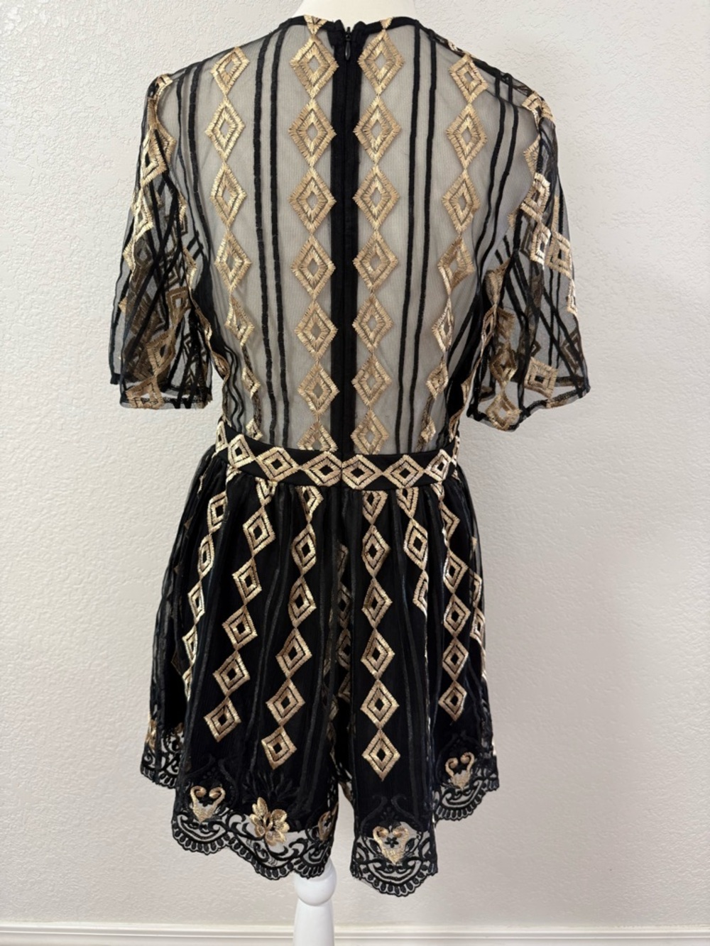 SWEET LEMON Black & Gold Embroidered Mesh Romper Lace Geometric size M - Picture 7 of 13